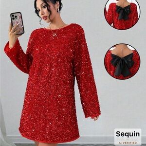 SHEIN Red Sequin Long Sleeve Dress with Black Bow